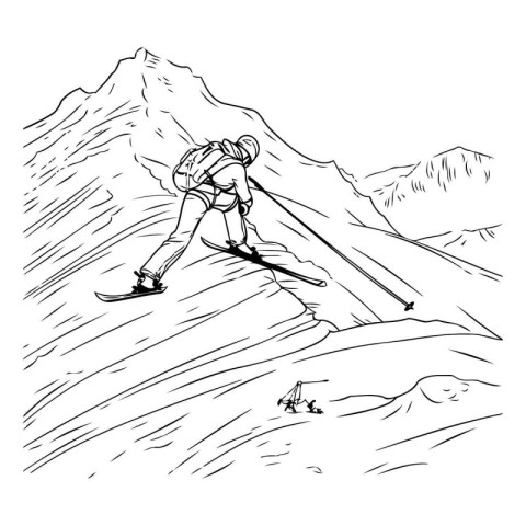 Sketch of a skier in the mountains. Vector illustration