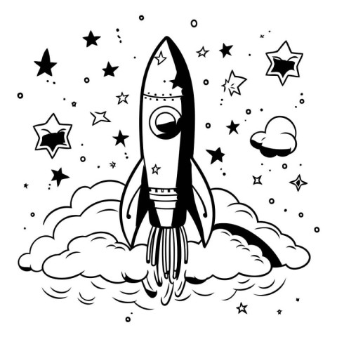 Space rocket with stars and clouds. doodle style. vector illustr