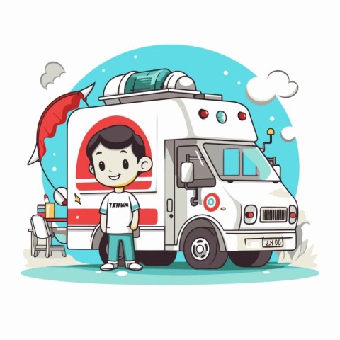 Man in front of the ambulance car. Vector illustration in cartoo