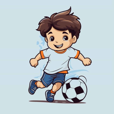 Cartoon soccer player boy running and kicking the ball. Vector i