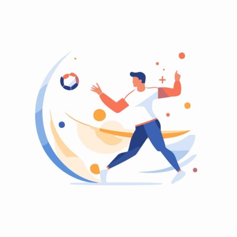 Soccer player kicking ball. Flat vector illustration. Sports con