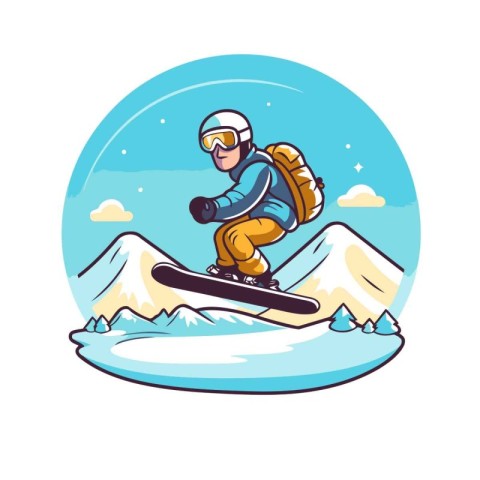 Snowboarder skiing in the mountains. Vector illustration in cart