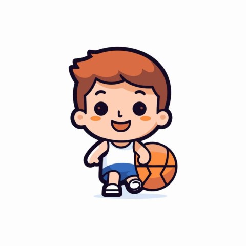 Cute Little Boy Playing Basketball. Cartoon Character Design. Ve