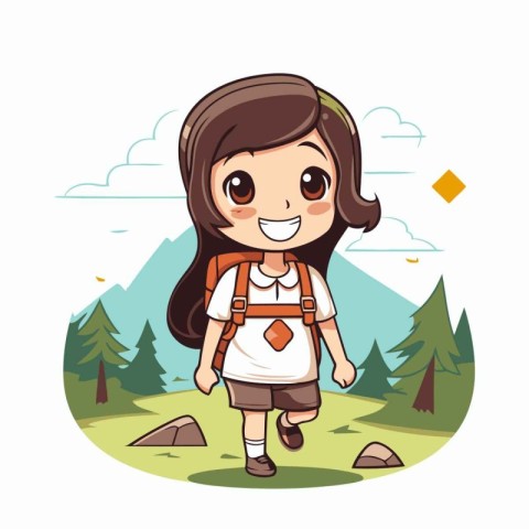 Cute little girl with backpack in the mountains. Vector illustra