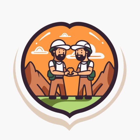 Two men hikers in mountains. Vector illustration in flat cartoon