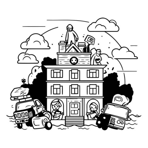 People in front of school building. Black and white vector illus