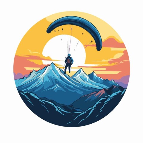 Paraglider flying over the mountains at sunset. Vector illustrat