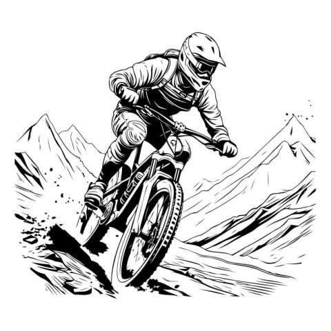 Mountain biker on a mountain bike. Vector illustration in black