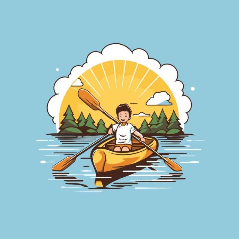 Cute boy in a canoe on the lake. Vector illustration.