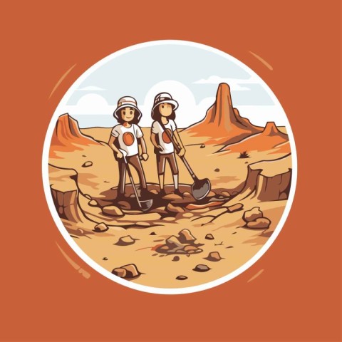 Hiking couple in the desert. Vector illustration in cartoon styl