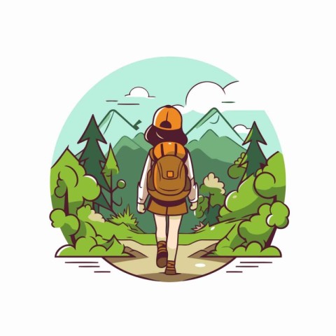 Hiker with backpack in the mountains. Vector illustration in fla