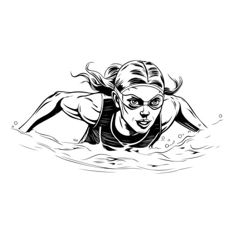 Female swimmer in a swimming pool. Black and white vector illust