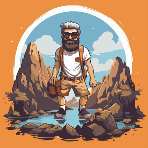 Hiking man in the mountains. Vector illustration in cartoon styl