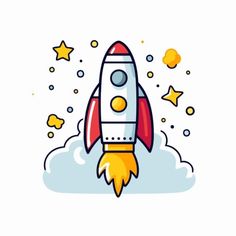 Rocket and stars. Flat line style vector illustration. Startup c