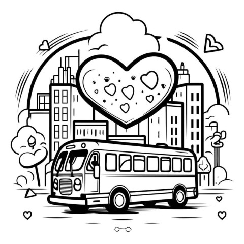 Black and White Cartoon Illustration of Bus with Heart Shape for