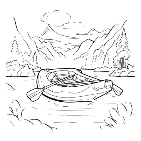 Hand drawn sketch of a canoe on the river. Vector illustration.