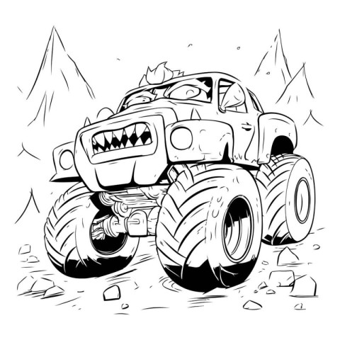 illustration of monster truck in the mountains on a white backgr