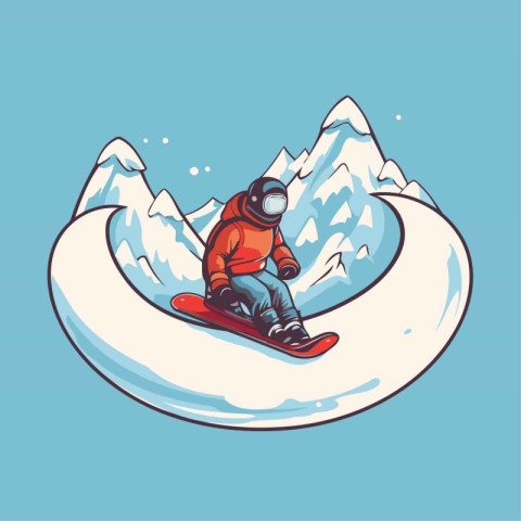 Snowboarder riding on a snowy mountain slope. Vector illustratio