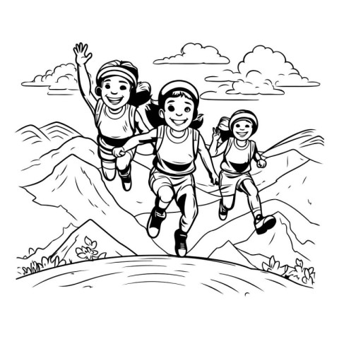 Children running in the mountains. Black and white vector illust