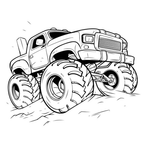 Off-road vehicle in the mud. Black and white vector illustration