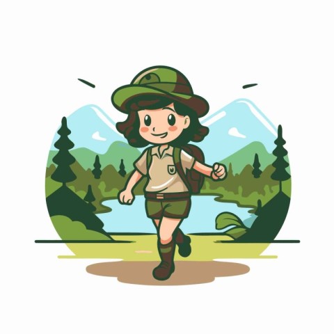 Cute cartoon explorer girl with backpack hiking in forest vector