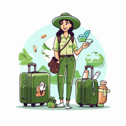 Tourist girl with suitcases. Vector illustration in cartoon styl