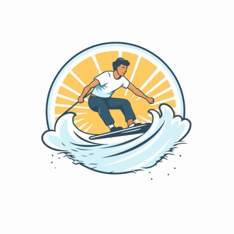 Vector illustration of a man surfing on a surfboard in the sun.