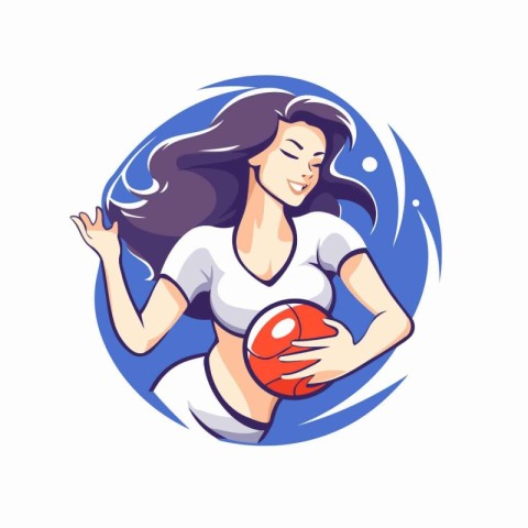 Female volleyball player holding ball. Vector illustration in ca