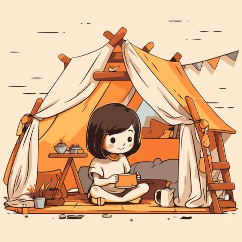 Cute little girl reading a book in a tent. Vector illustration