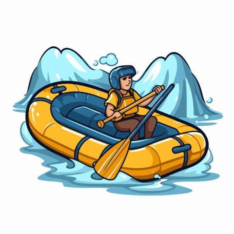 Cartoon man paddling in inflatable boat. Vector illustration.