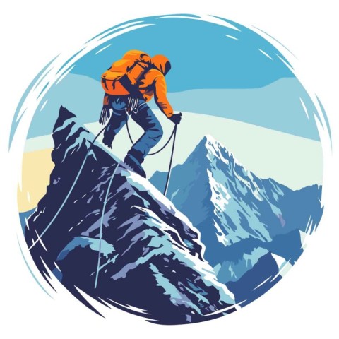 Hiker on the top of a mountain. Vector illustration in retro sty