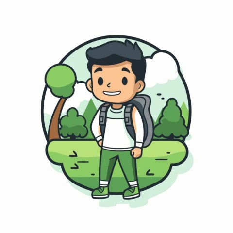 Boy with backpack in the park. Vector illustration in cartoon st