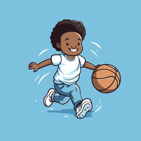 Illustration of a little black boy playing basketball. Vector il