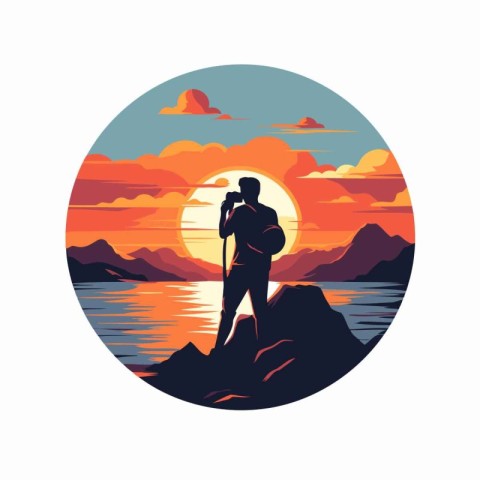 Photographer with camera at sunset. Vector illustration in retro