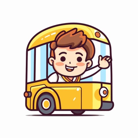 Cute schoolboy riding a school bus. Vector illustration in carto