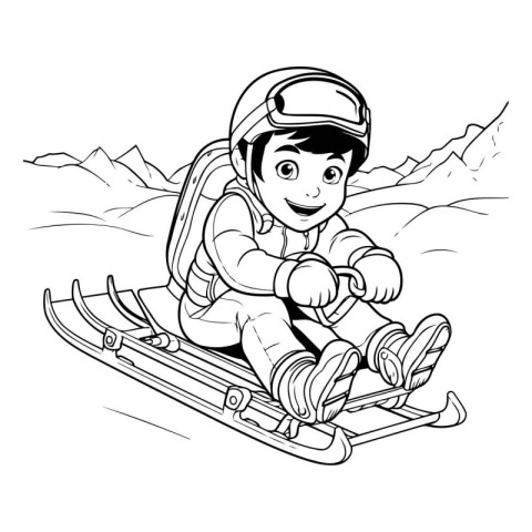 Little boy sliding down a hill on a sled. black and white vector