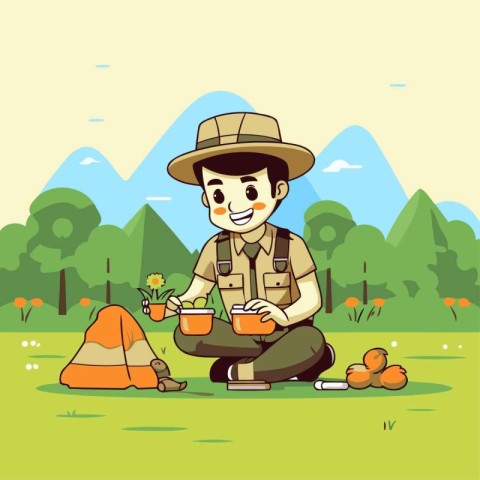 Vector illustration of a man camping in the forest with a cup of