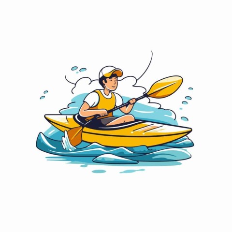 Man in a kayak on the waves. Vector illustration in cartoon styl