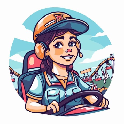 Cartoon illustration of a girl driving a car on a road trip