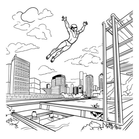 Vector illustration of a man jumping over an obstacle in a city.