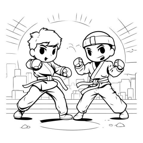 Cartoon illustration of two karate kids practicing in the city.