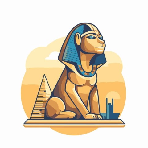 Egyptian Sphinx with pyramid. Vector illustration in cartoon sty