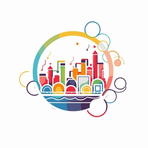 Modern city skyline in circle shape. Colorful illustration in fl