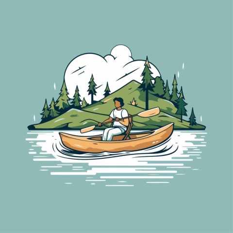 Man rowing in a canoe on the lake. Vector illustration.