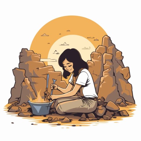 Illustration of a woman working in the stone pit. Vector illustr