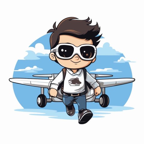 cute boy pilot with airplane on the sky vector illustration grap