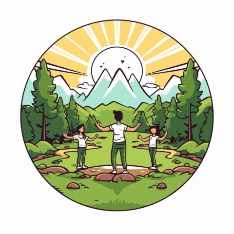 group of people hiking in the nature park cartoon vector illustr