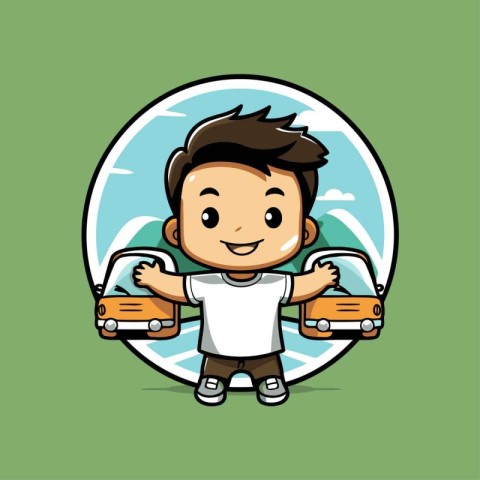 Cute Boy Car Driving Vector Cartoon Character Icon Illustration