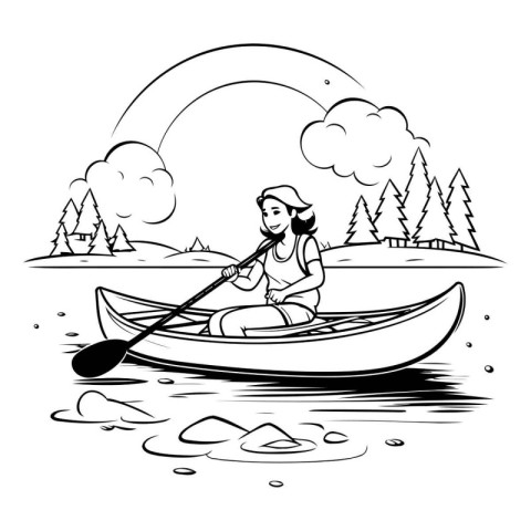 Kayak on the lake. Vector illustration. Black and white.