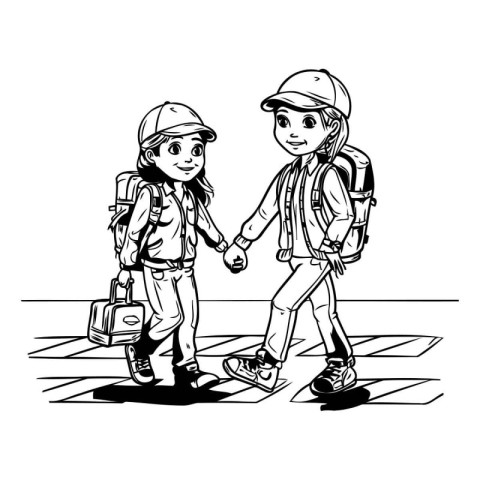 Boy and girl with backpacks going to school. Vector illustration